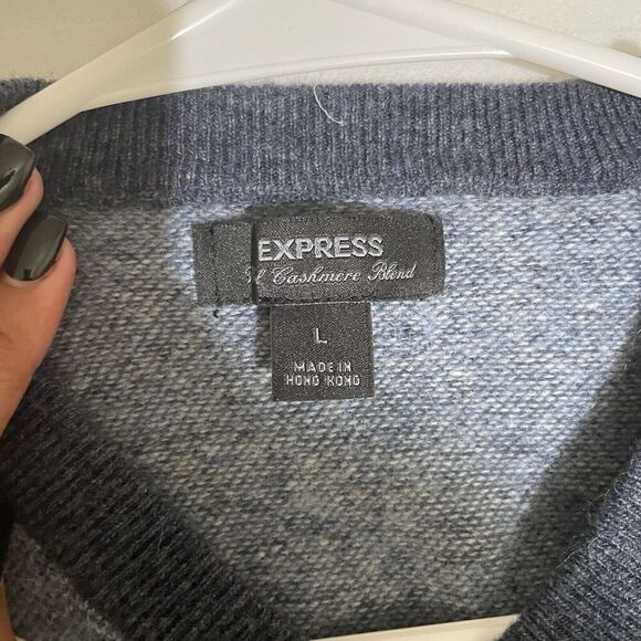 Express Mens Large Wool Cashmere Blend Long Sleeve Blue Sweater PullOver V-Neck - Picture 4 of 7